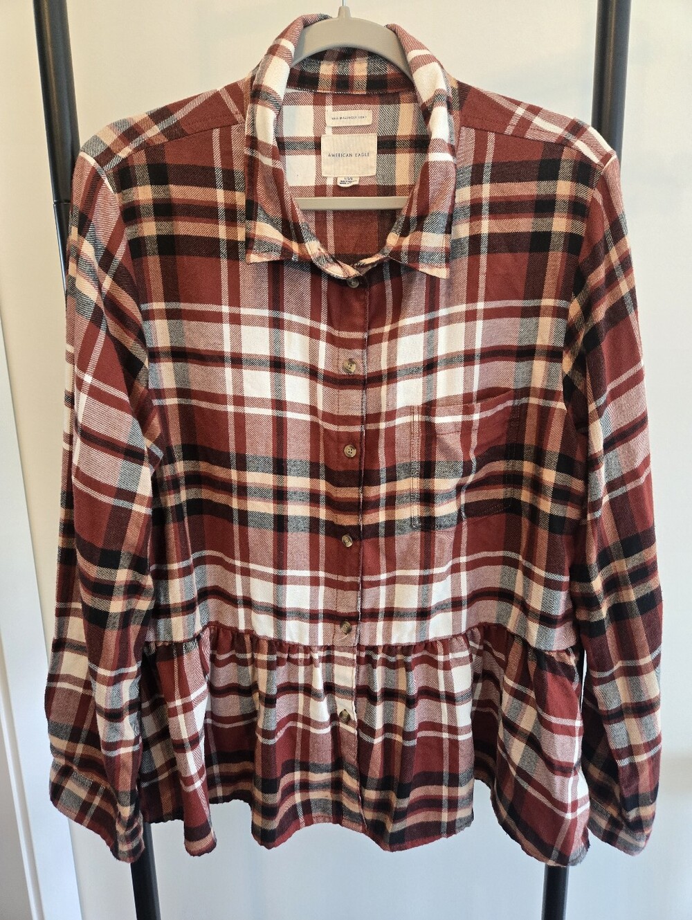 American Eagle AHH-Mazingly Soft Plaid Peplum Button Flannel Shirt Women LARGE